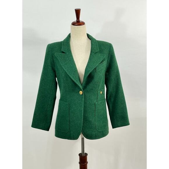 SMYTHE Sz 10 Green Duchess Wool Elbow Patch Suede Trim Jacket Blazer - Picture 9 of 13